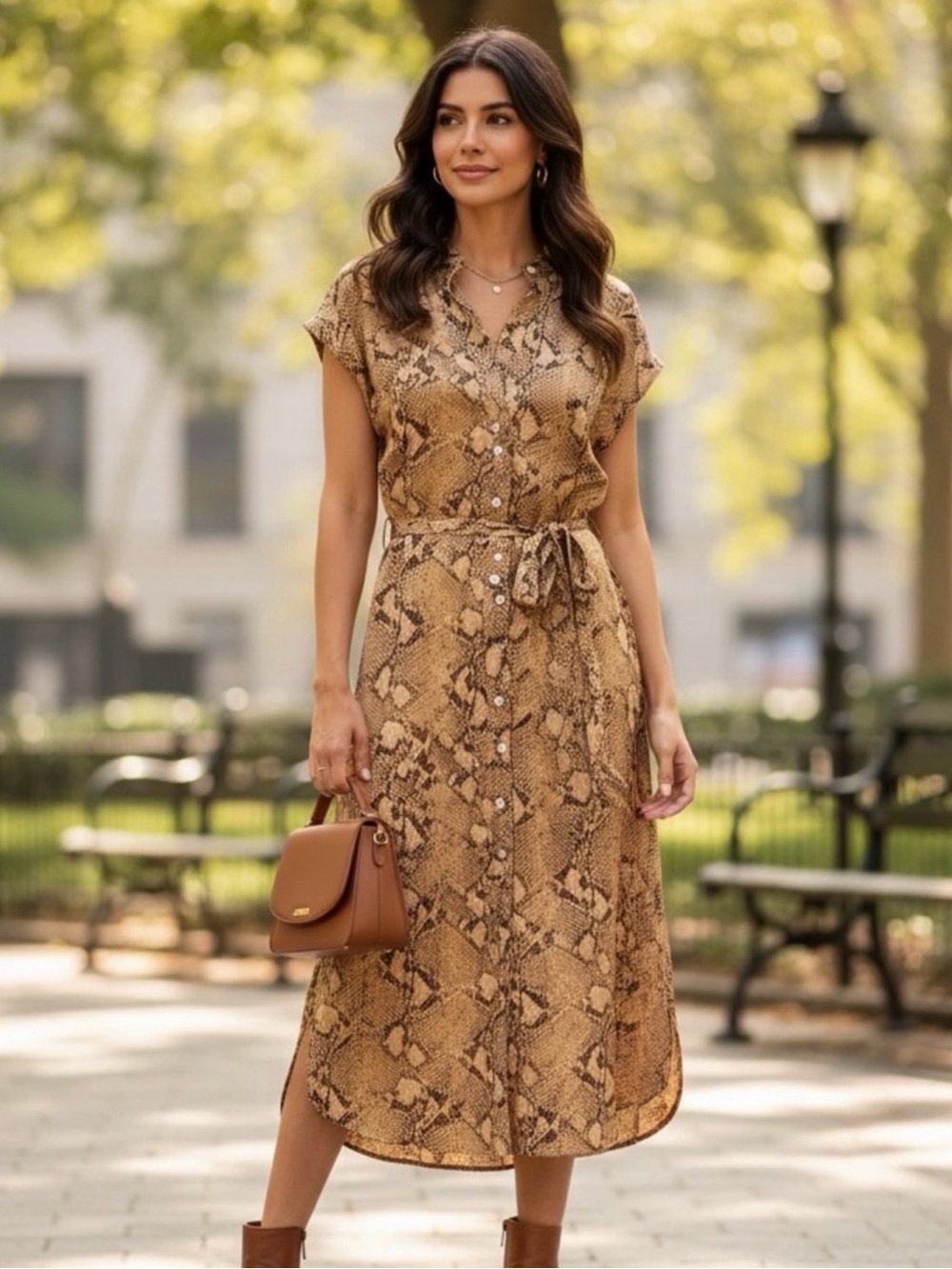 Banana Republic NWT** Snake Print Button-Front Midi Dress in Brown— 100% silk
